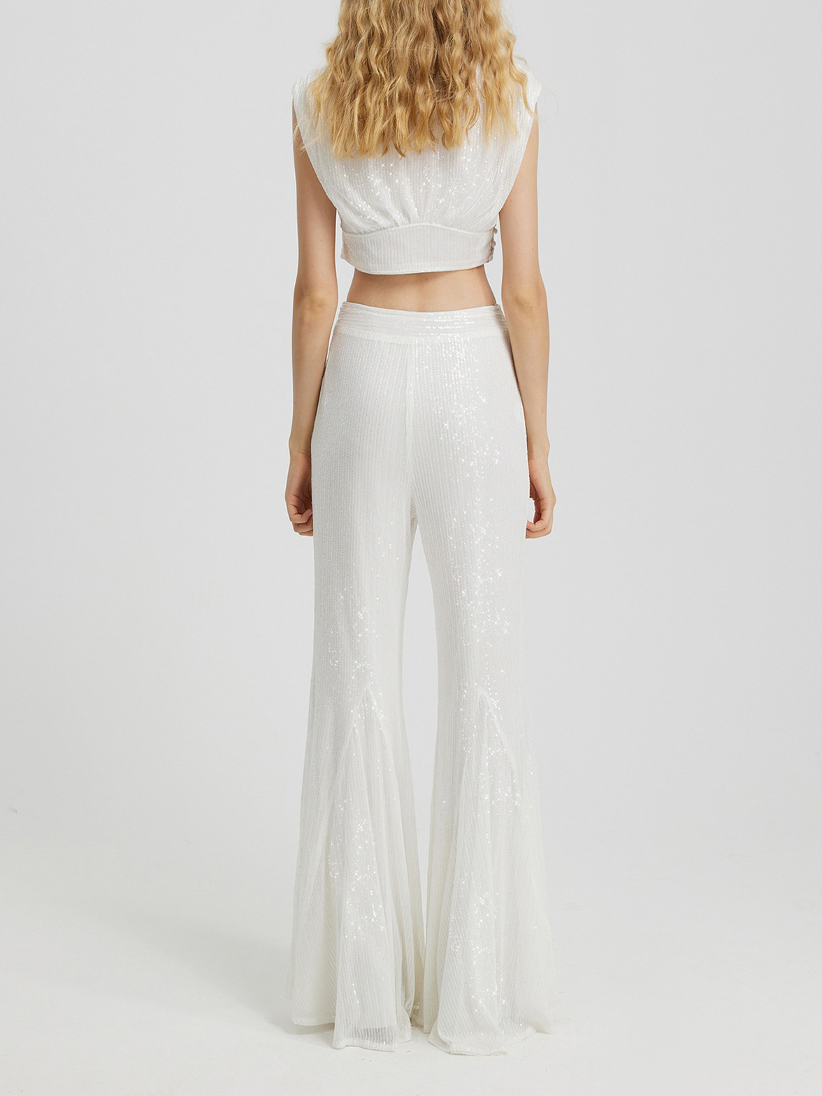 Women's Sequin Sleeveless Crop Top and High-Waist Bell Bottom Pants Set