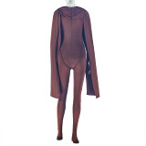 Women's Solid Cape Sleeve Patchwork Tight Fitting Jumpsuit