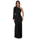 Women's Autumn Solid One-Shoulder Slash Shoulder Pleated Mesh Long Dress
