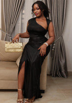 Women's Elegant Chic Solid Pleated Slit Slash Shoulder Long Dress