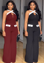 Women's Elegant Career Color-Blocked Cross Strap Wide Leg Jumpsuit