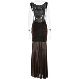 Women's Summer Sexy Solid Sleeveless Low Back Slit Pleated Long Dress