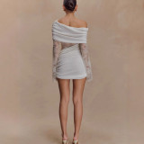 Women's Chic Lace Patchwork Off-Shoulder Knit Short Dress