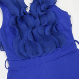 Women's Sexy V-Neck Low Back Ruffle Edge Tie-Front Casual Long Jumpsuit