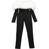 Women's Autumn Off-Shoulder Furry Patchwork Sexy Hollow Out Long Sleeve Jumpsuit