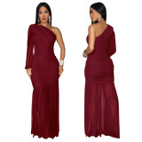 Women's Autumn Solid One-Shoulder Slash Shoulder Pleated Mesh Long Dress