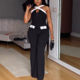Women's Elegant Career Color-Blocked Cross Strap Wide Leg Jumpsuit