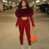 Women's Autumn Off-Shoulder Furry Patchwork Sexy Hollow Out Long Sleeve Jumpsuit