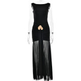 Women's Summer Sexy Solid Sleeveless Low Back Slit Pleated Long Dress