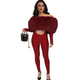 Women's Autumn Off-Shoulder Furry Patchwork Sexy Hollow Out Long Sleeve Jumpsuit