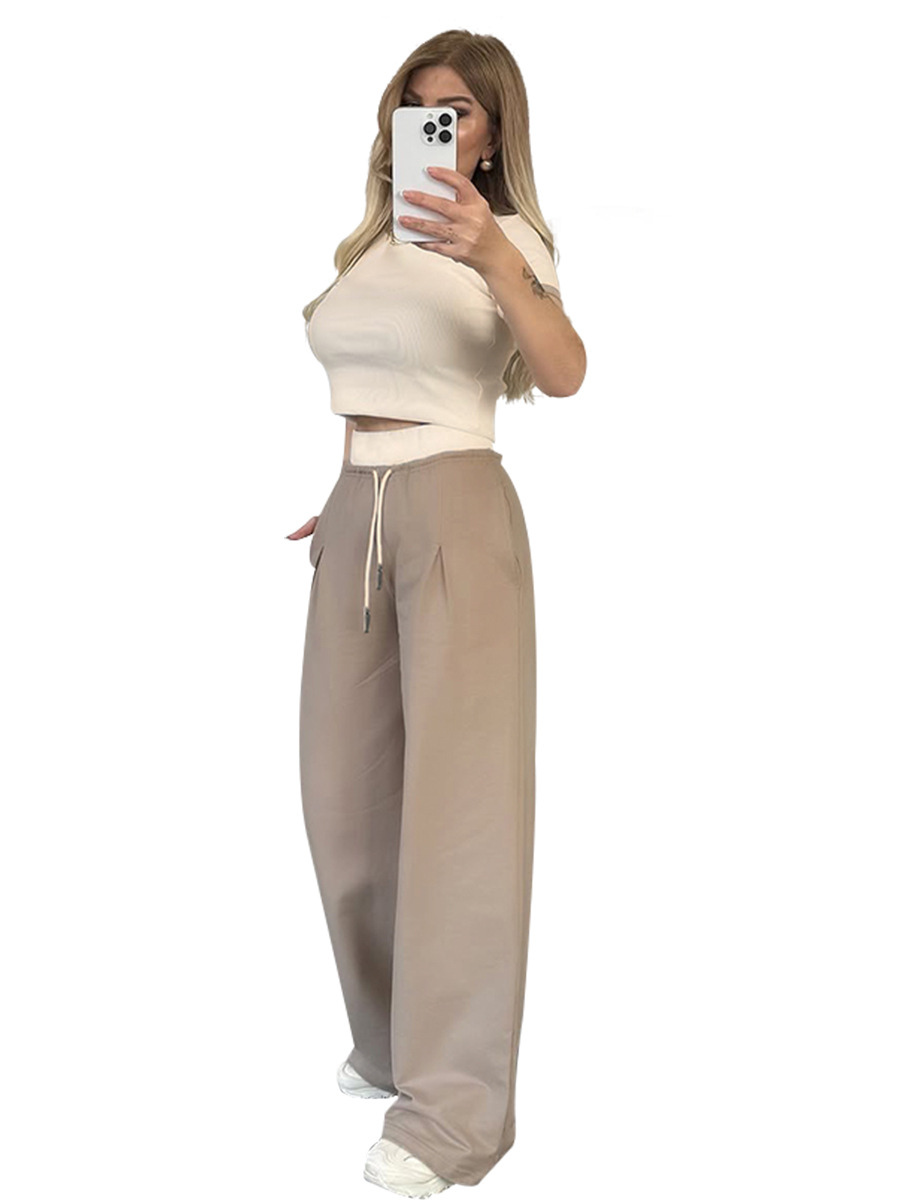 Women's Summer Color-Blocked Round Neck Short Sleeve Casual Pants Set