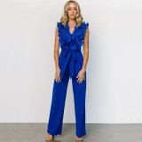 Women's Sexy V-Neck Low Back Ruffle Edge Tie-Front Casual Long Jumpsuit
