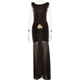 Women's Summer Sexy Solid Sleeveless Low Back Slit Pleated Long Dress