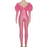 Women's Autumn Off-Shoulder Furry Patchwork Sexy Hollow Out Long Sleeve Jumpsuit