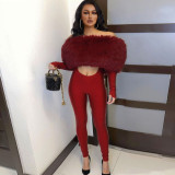 Women's Autumn Off-Shoulder Furry Patchwork Sexy Hollow Out Long Sleeve Jumpsuit