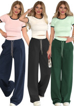 Women's Summer Color-Blocked Round Neck Short Sleeve Casual Pants Set Women's Summer Color-Blocked Round Neck Short Sleeve Casual Pants Set