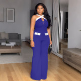 Women's Elegant Career Color-Blocked Cross Strap Wide Leg Jumpsuit