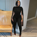 Women's Solid Cape Sleeve Patchwork Tight Fitting Jumpsuit