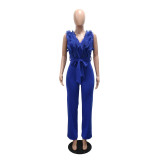 Women's Sexy V-Neck Low Back Ruffle Edge Tie-Front Casual Long Jumpsuit