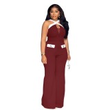 Women's Elegant Career Color-Blocked Cross Strap Wide Leg Jumpsuit