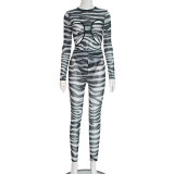 Women's Autumn Round Neck Cut-Out Long Sleeve Bodysuit Pants Set