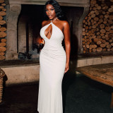 Women's Solid Chic Low Back Cross Halter Neck Long Dress