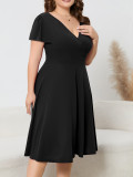 Women's Plus Size Solid Deep V-Neck Slim Waist Short Sleeve A-Line Elegant Dress