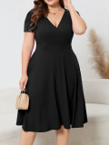 Women's Plus Size Solid Deep V-Neck Slim Waist Short Sleeve A-Line Elegant Dress