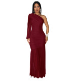 Women's Autumn Solid One-Shoulder Slash Shoulder Pleated Mesh Long Dress