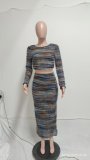 Women's Fashion Knitting Stripes Long Sleeve Two Piece Skirt Set
