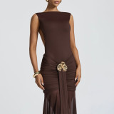 Women's Summer Sexy Solid Sleeveless Low Back Slit Pleated Long Dress