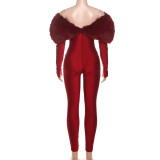Women's Autumn Off-Shoulder Furry Patchwork Sexy Hollow Out Long Sleeve Jumpsuit