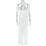 Women's Solid Chic Low Back Cross Halter Neck Long Dress