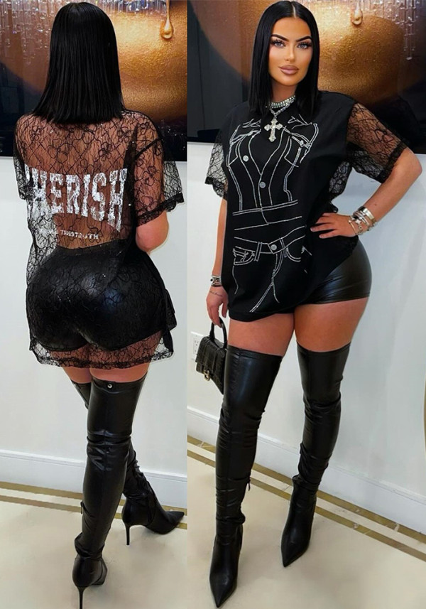 Women Summer Printed See-Through Backless Sexy T-Shirt