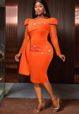 Plus-Size Women Elegant Beaded Lace Long-Sleeved Bodycon Dress
