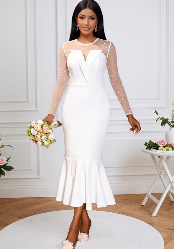 Women Elegant Mesh Beaded Long-Sleeved Fishtail Sexy Dress