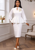 Women Elegant Stand Collar Cutout Ruffle Top and Skirt Two-Piece Set