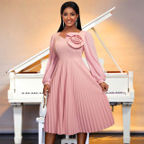 Plus-Size Women Elegant V-Neck Lantern Sleeve Pleated Dress