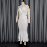 Women Elegant Mesh Beaded Long-Sleeved Fishtail Sexy Dress