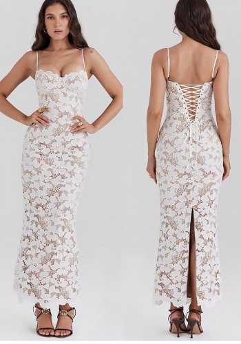 Women French Lace-Up Lace Strap Dress