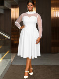 Plus-Size Women White Polka Dot Mesh Long-Sleeve Patchwork Neck Bow Elegant Dresses