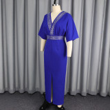 Women Beaded Sexy V-Neck Slit Formal Party Dress