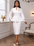 Women Elegant Stand Collar Cutout Ruffle Top and Skirt Two-Piece Set
