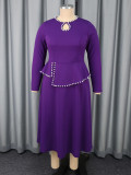 Women Purple Wedding Long Sleeve Dress with Elegant Pearl Trim