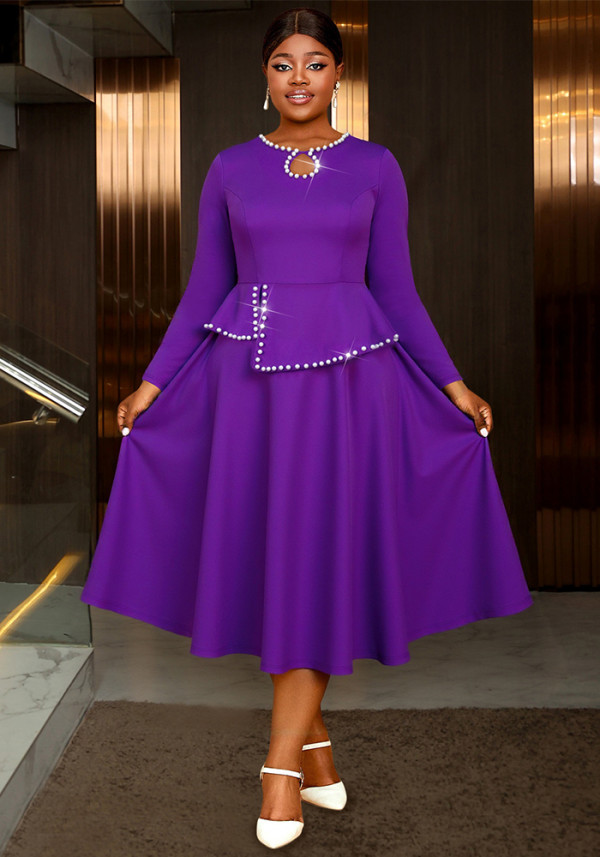 Women Purple Wedding Long Sleeve Dress with Elegant Pearl Trim