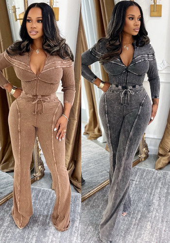 Women Fall Athletic Washed Casual Top and Pant Two-Piece Set