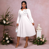 Plus-Size Women Elegant V-Neck Lantern Sleeve Pleated Dress