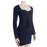 Women Fall Square Neck Long-Sleeved Solid Bodycon Dress