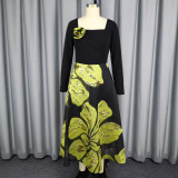 Women Square Neck Long-Sleeved Jacquard Contrast Color Dress