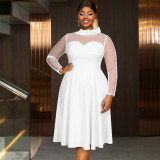 Plus-Size Women White Polka Dot Mesh Long-Sleeve Patchwork Neck Bow Elegant Dresses